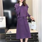 Set: Short-sleeve Knit Top + Long-sleeve Midi A-line Dress