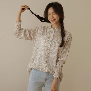 Frill-trim Textured Floral Blouse