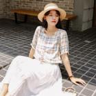 Color Block Plaid Puff-sleeve Shirt As Shown In Figure - One Size