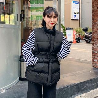 High-neck Belted Padding Vest