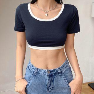 Short-sleeve Contrast Trim Crop Top Blue - One Size
