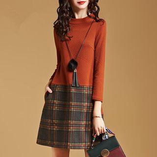 Mock Neck Plaid Panel A-line Dress