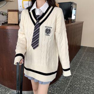 Long-sleeve Shirt With Necktie / V-neck Embroidered Sweater