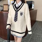 Long-sleeve Shirt With Necktie / V-neck Embroidered Sweater