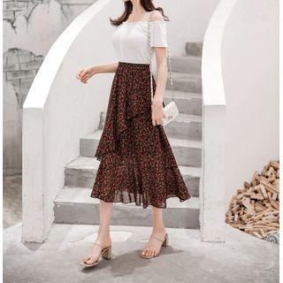 Floral Printed Ruffle Trim A-line Skirt