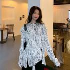 Long-sleeve Tie-dye Slit T-shirt White - One Size