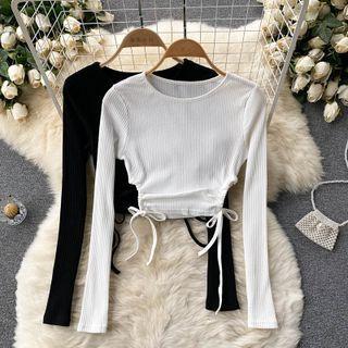 Plain Drawstring Slit Long-sleeve Top