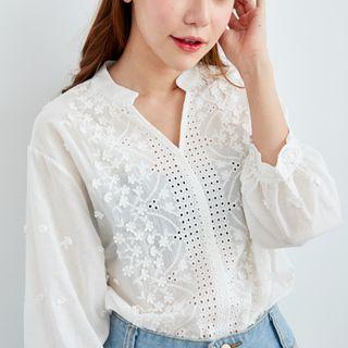 Puff Sleeve Mandarin Collar V-neck Lace Blouse