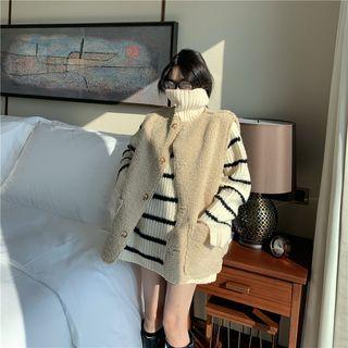 Turtleneck Striped Sweater / Reversible Faux Shearling Buttoned Vest