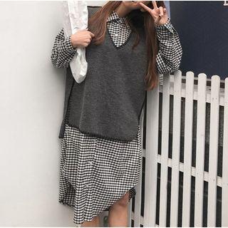 Long Sleeve Gingham Shirtdress / Contrast Trim V-neck Vest