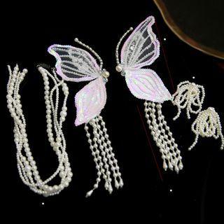 Butterfly Faux Pearl Fringed Hair Clip / Headpiece / Earring / Set