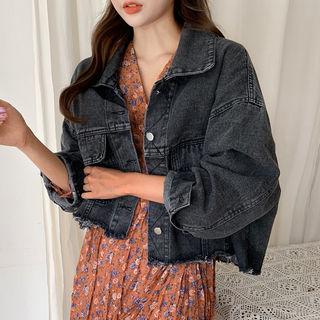 Fray-hem Denim Jacket Charcoal Gray - One Size