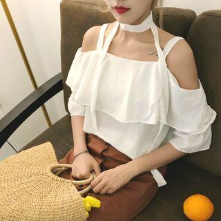 Plain Off-shoulder Bell-sleeve Blouse