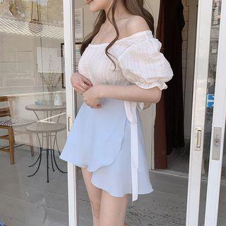 Set: Short-sleeve Blouse + A-line Wrap Skirt