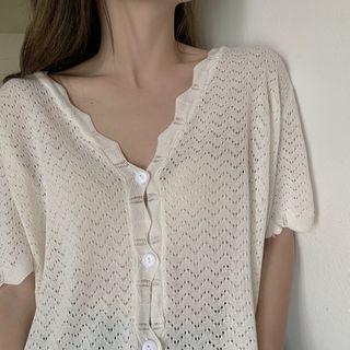 V-neck Plain Short-sleeve Top White - One Size