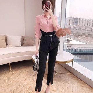 Set: 3/4-sleeve Asymmetric Paneled Shirt + Dress Pants
