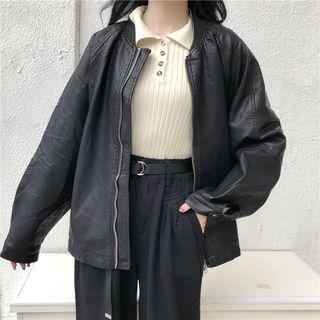 Faux Leather Zip Jacket / Cropped Baggy Pants