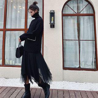 Mock-neck Loose-fit Sweater / Mesh Skirt