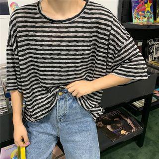 Striped Elbow-sleeve Oversize T-shirt Stripe - Black - One Size