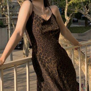 Spaghetti Strap Leopard Print Midi Dress / Faux Leather Jacket