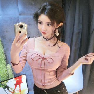 Square-neck Long-sleeve Bow Top
