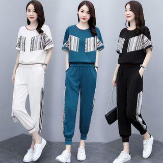Set: Short-sleeve Striped Panel T-shirt + Sweatpants
