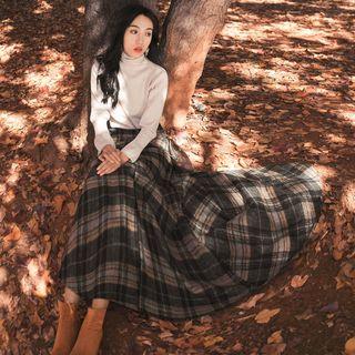 Set: Turtleneck Long-sleeve Knit Top + Plaid Midi A-line Skirt