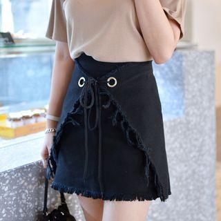 Fray-hem Lace-up Front Mini Skirt
