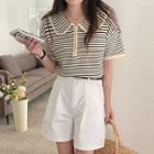 Short-sleeve Collar Striped T-shirt / Plain Shorts