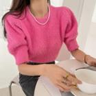 Puff-sleeve Fluffy Cropped Knit Top