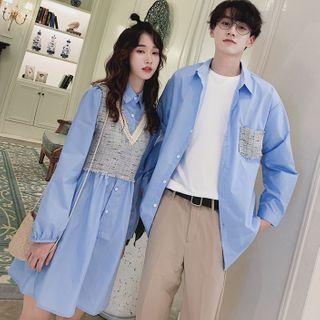 Couple Matching Tweed Panel Shirt / Mock Two-piece Shirtdress