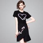 Set: Heart Embroidered Short Sleeve T-shirt + Ruffle Trim Skirt