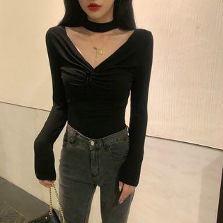 Halter Neck Long-sleeve Knit Top