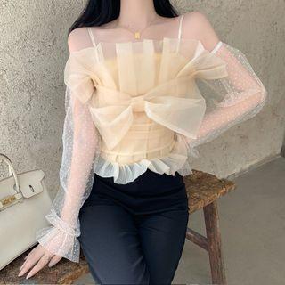 Long-sleeve Cold Shoulder Dotted Mesh Bow Top / Dress Pants
