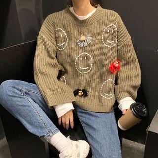 Long-sleeve Smiley Face Printed Faux Pearl Knit Top