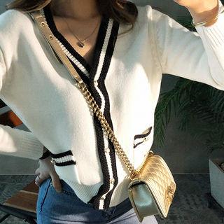 Contrast V-neck Metallic-button Cardigan