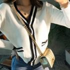 Contrast V-neck Metallic-button Cardigan