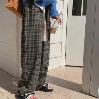 Plaid Drawstring Wide Leg Pants Plaid - Coffee - One Size