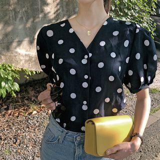 Puff-sleeve Dotted Linen Blouse