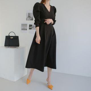 Plunge-neck Shirred Long Flare Dress