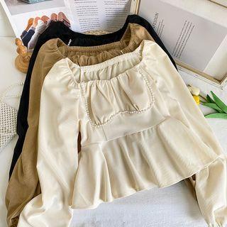 Pearl-trim Square-neck Peplum Crop Top