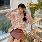 Elbow-sleeve Floral Print Shirt Pink - One Size