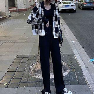Checkered Cardigan / Drawstring Loose Fit Pants / Set