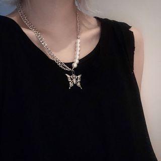 Butterfly Pendant Beaded Chain Necklace As Shown In Figure - One Size