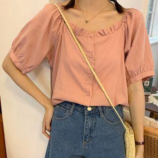 Frill-hem Square-neck Short-sleeve Blouse
