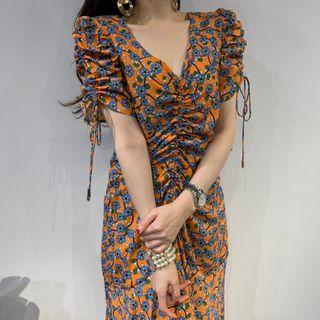 Puff-sleeve Floral Printed Drawstring Ruched Dress