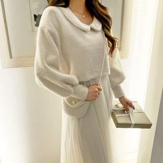 Set: Collared Knit Top + Long Tulle-hem Dress + Faux-pearl Mini Bag Ivory - One Size