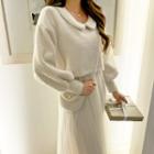 Set: Collared Knit Top + Long Tulle-hem Dress + Faux-pearl Mini Bag Ivory - One Size