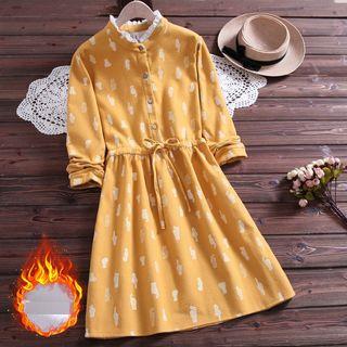 Fleece-lined Cat Printed Tie-waist Dress