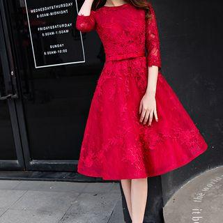 Elbow-sleeve Embroidered A-line Cocktail Dress